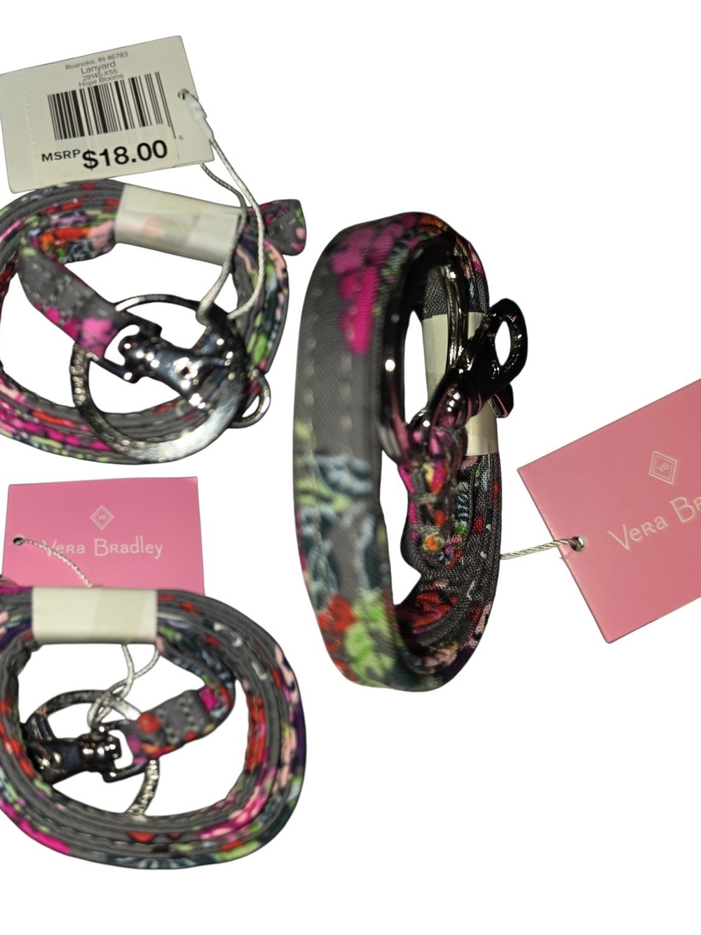 Vera Bradley Gray Floral "Hope Blooms" Keychain/ID Badge Lanyard NWT